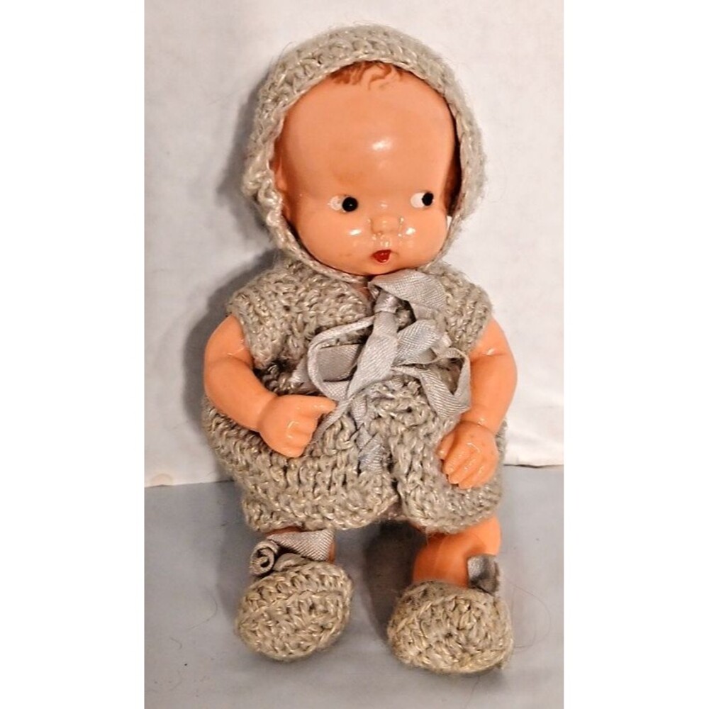 Irwin Hard Plastic Kewpie Doll Crocheted Green Dress 5” Moving Arms Vintage